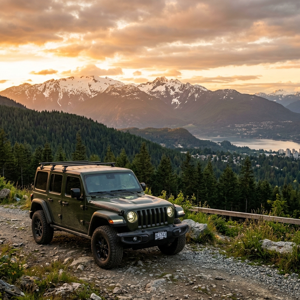 Green Jeep in the foreground with scenic Vancouver mountains backdrop